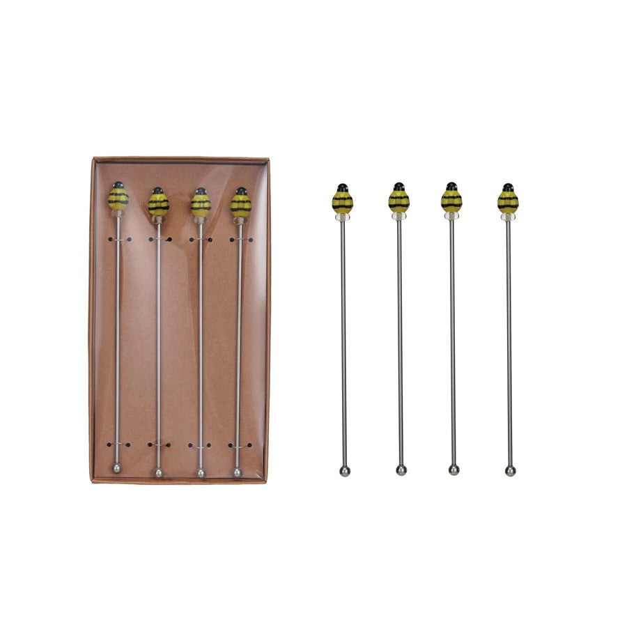 Stainless Steel Cocktail Stirrers w/ Blown Glass Bees, Boxed Set of 4
