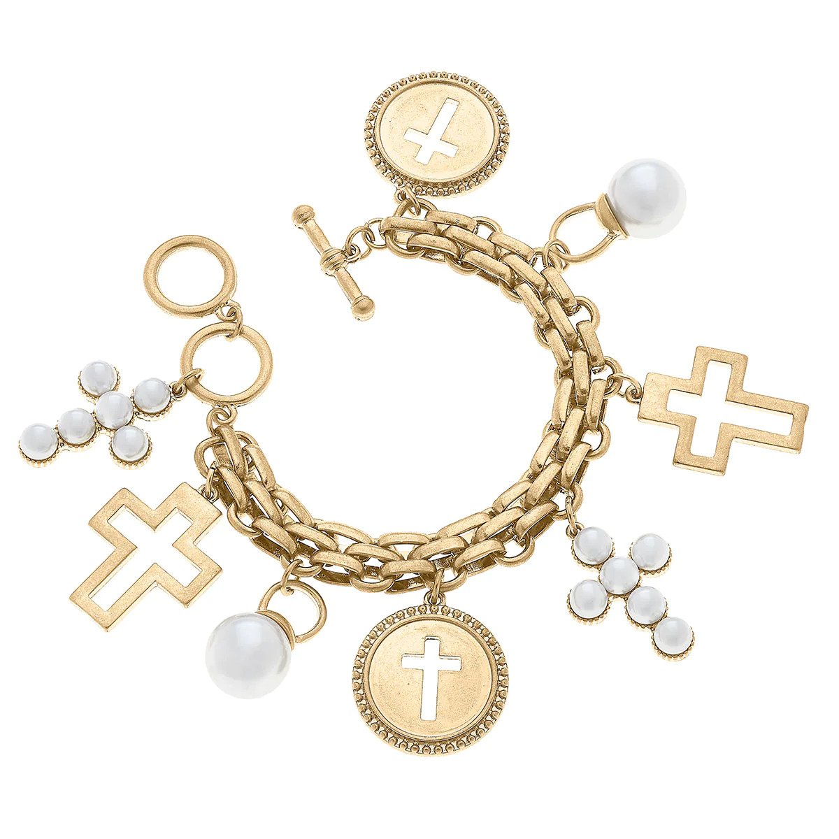 Canvas Style Heaven Cross Charm Bracelet in Worn Gold