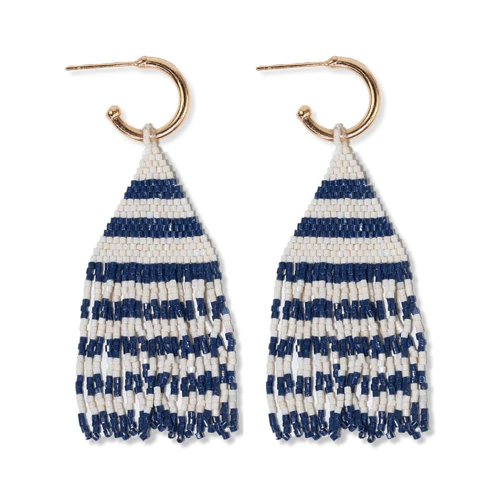 Ink + Alloy James Mini Gold Hoop Two Tone Stripes Beaded Fringe Earrings Navy