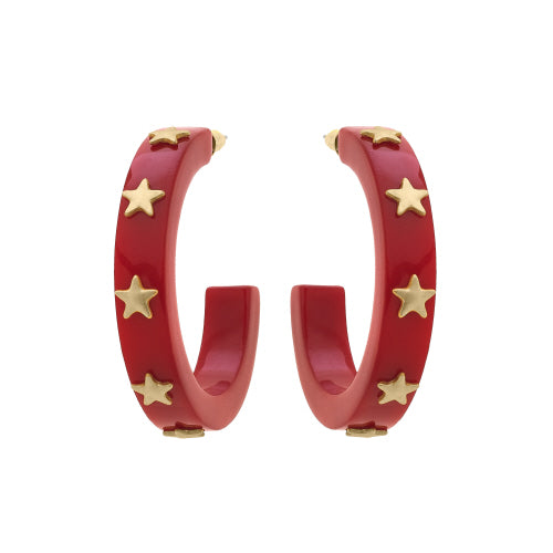 Canvas Style- Liberty Star Resin Hoop Earrings in Red