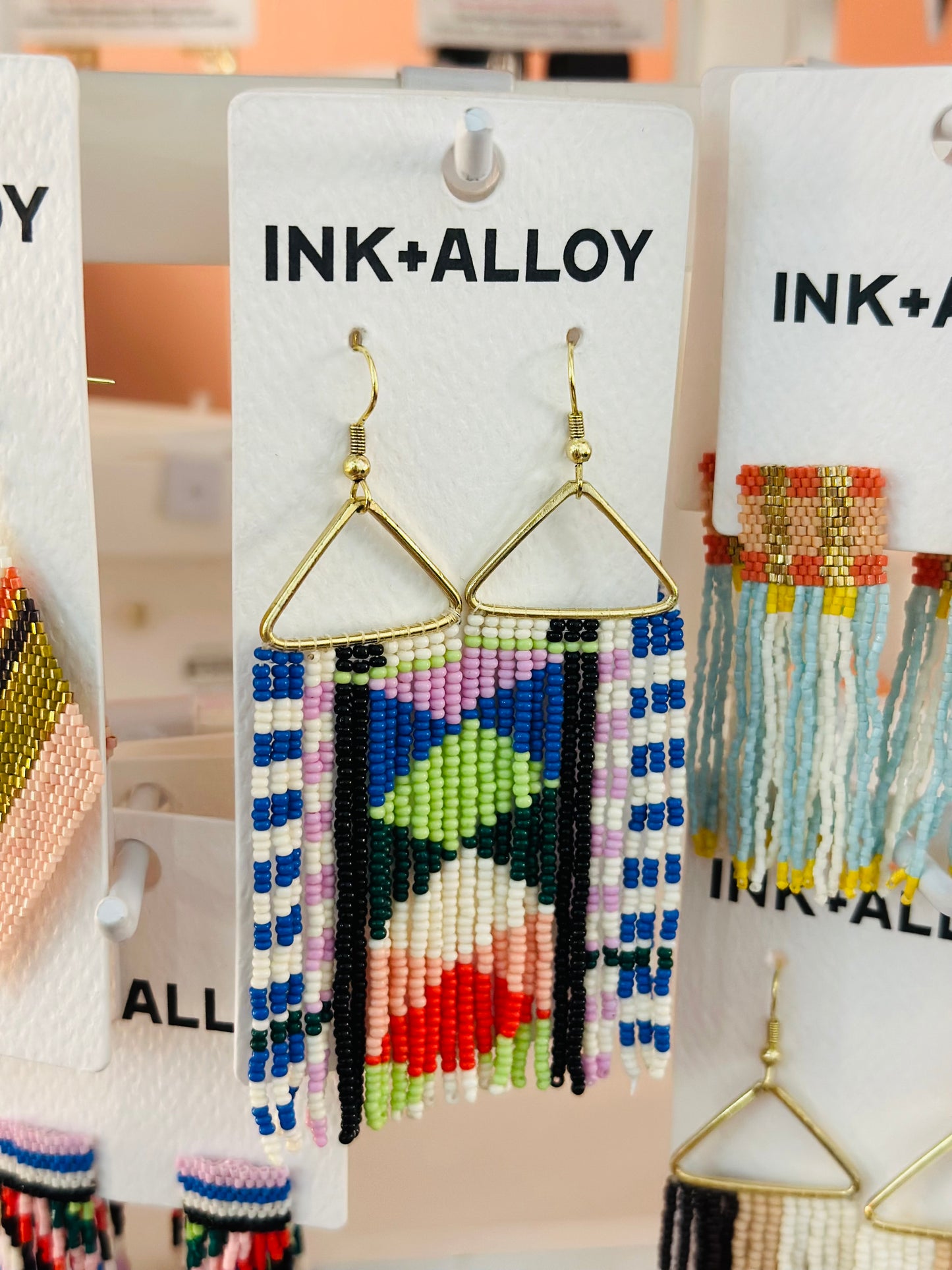 Ink + Alloy Brooke Mixed Checks And Triangles Beaded Fringe Earrings Rio