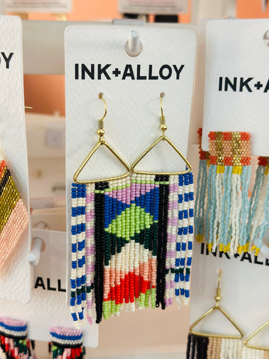 Ink + Alloy Brooke Mixed Checks And Triangles Beaded Fringe Earrings Rio