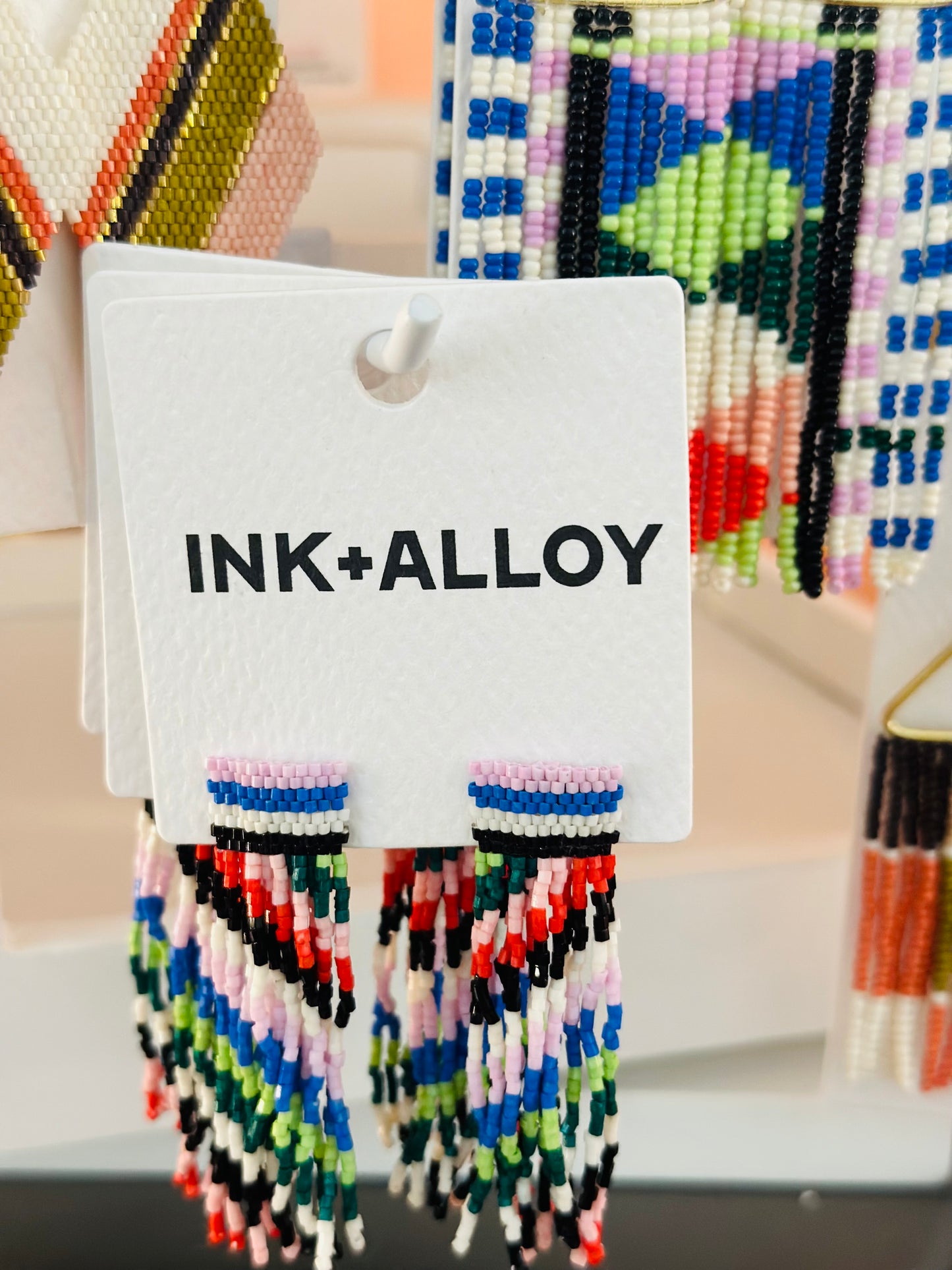 Ink + Alloy Marilyn Diagonal Stripes Beaded Fringe Earrings Rio