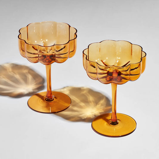 Amber Flower Wave Glasses Coupes - Set of 2