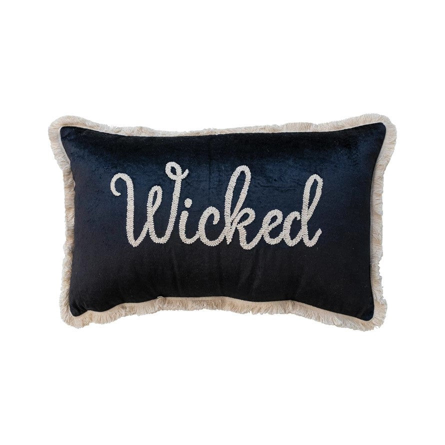 WICKED Fringed Cotton Velvet Lumbar Pillow w/ Embroidery
