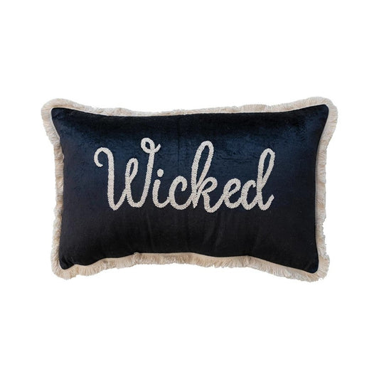 WICKED Fringed Cotton Velvet Lumbar Pillow w/ Embroidery