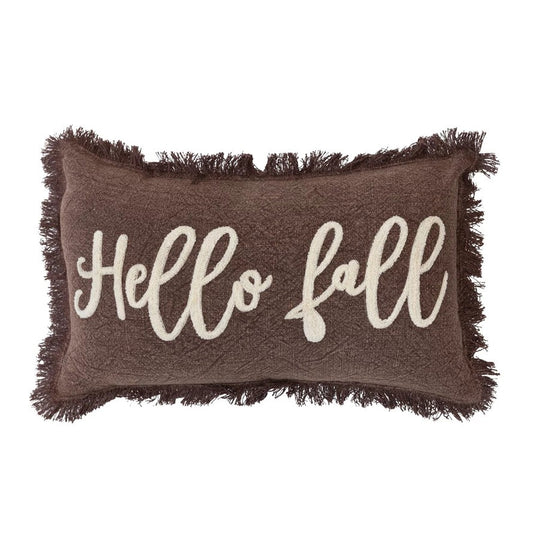 HELLO FALL Fringed   Stonewashed Cotton Tufted Lumbar Pillow