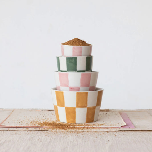Hand-Painted Check Pattern  Nesting Bowls, Set of 4