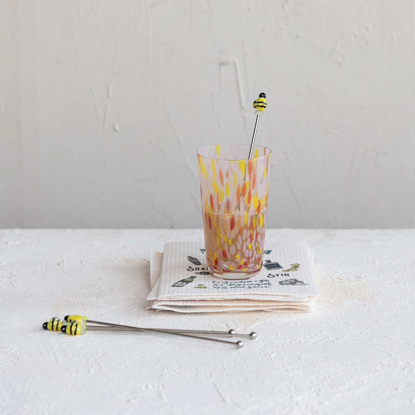 Stainless Steel Cocktail Stirrers w/ Blown Glass Bees, Boxed Set of 4