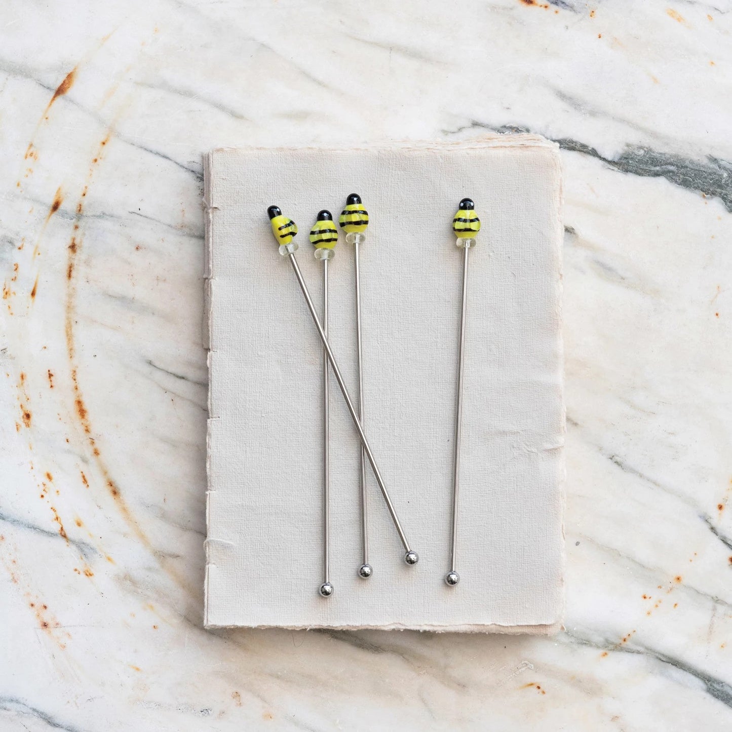 Stainless Steel Cocktail Stirrers w/ Blown Glass Bees, Boxed Set of 4