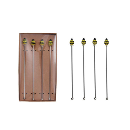 Stainless Steel Cocktail Stirrers w/ Blown Glass Bees, Boxed Set of 4