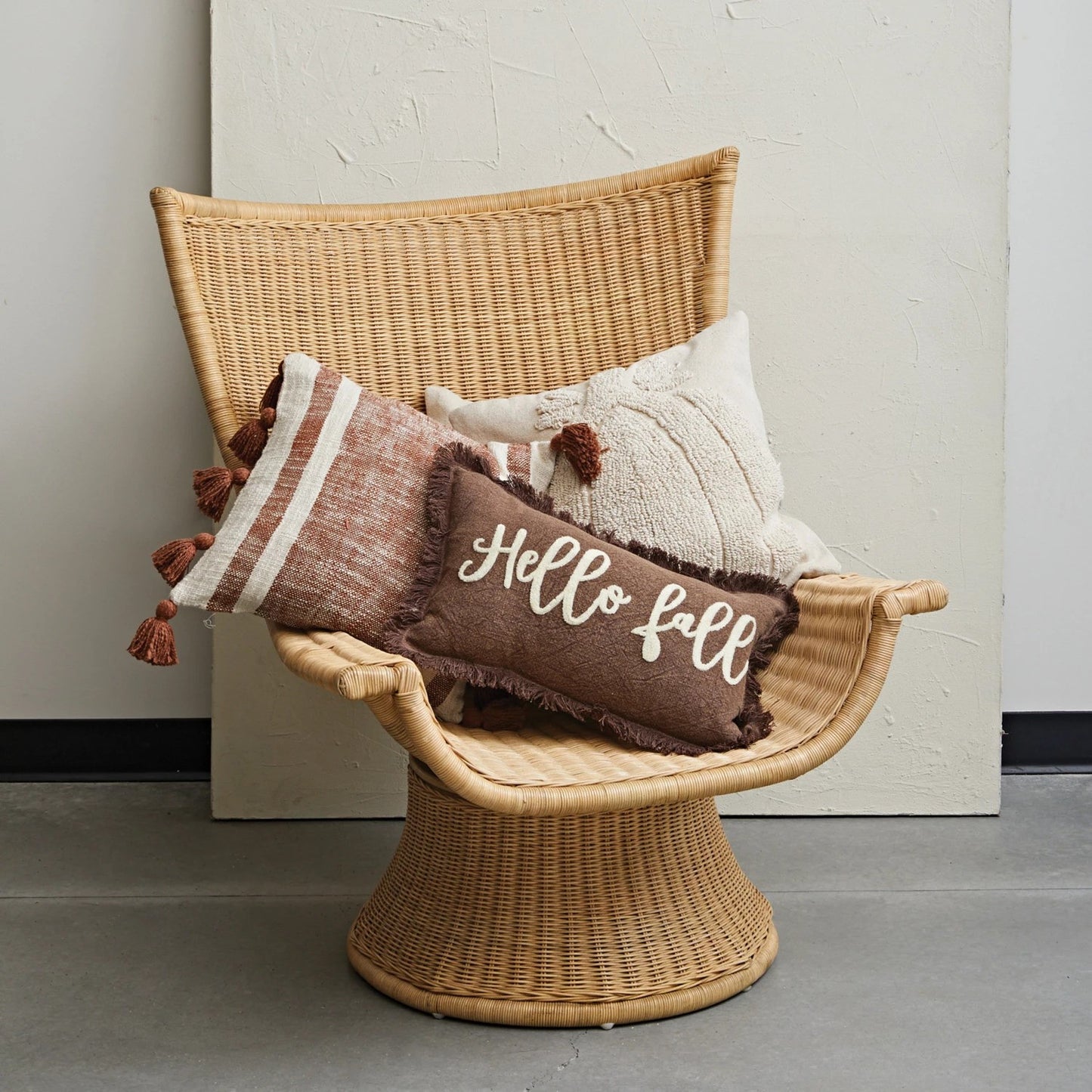 HELLO FALL Fringed   Stonewashed Cotton Tufted Lumbar Pillow