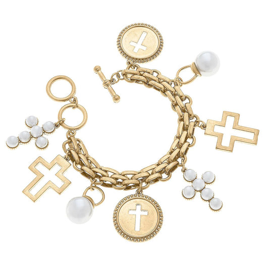 Canvas Style Heaven Cross Charm Bracelet in Worn Gold