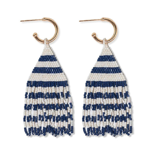 Ink + Alloy James Mini Gold Hoop Two Tone Stripes Beaded Fringe Earrings Navy