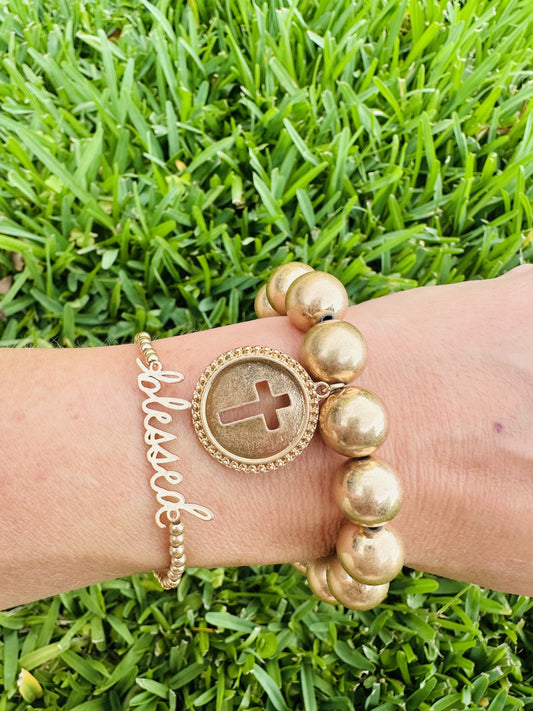 Canvas Style -Coin Cross Stretch Worn Gold Bracelet